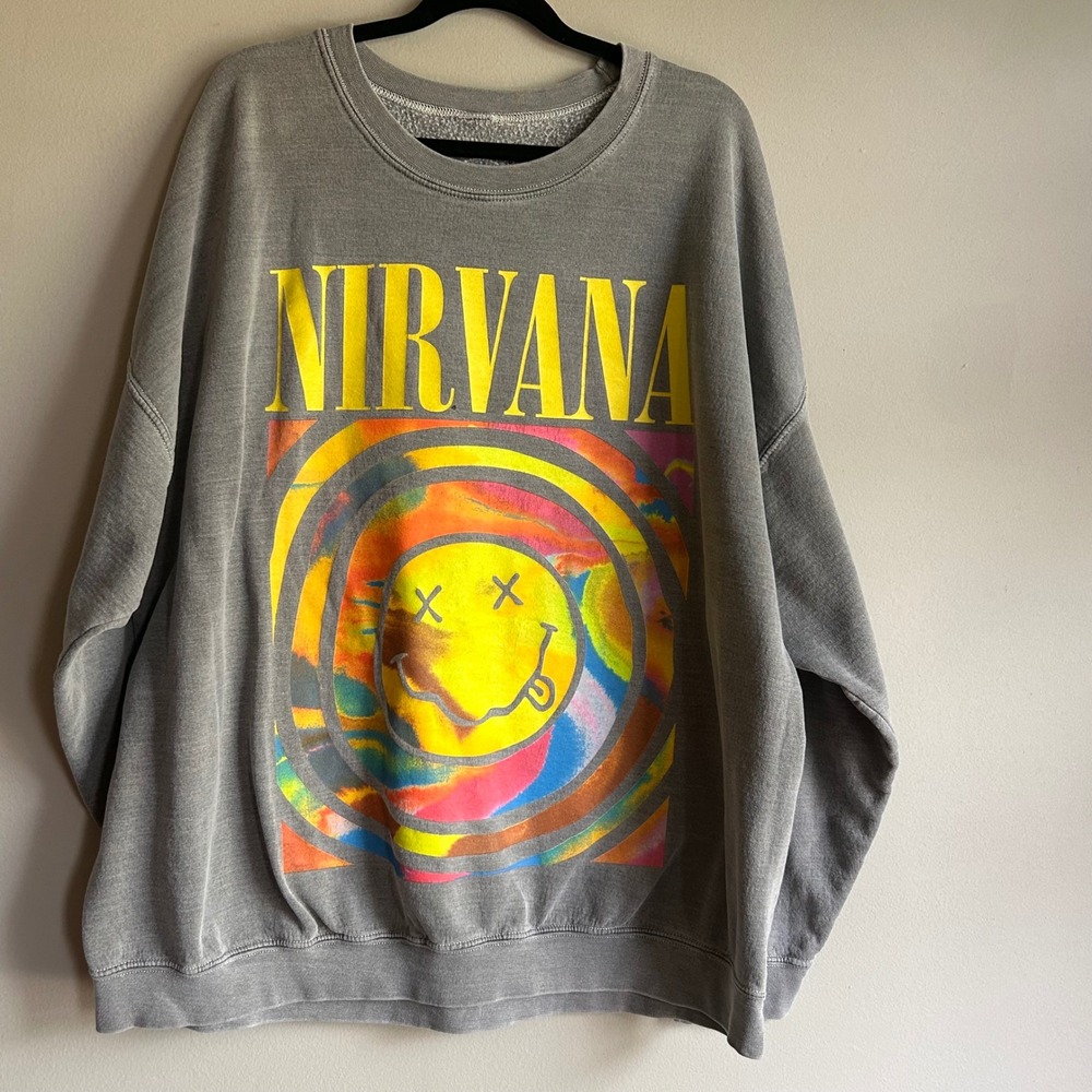 Nirvana Graphic Sweatshirt Grey Tie Dye Smiley Face Sleeve Print Pullover S/M